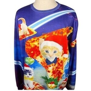 Unbranded Sweatshirt Unisex 2XL Ugly Christmas Space Cat Pizza Blue NEW